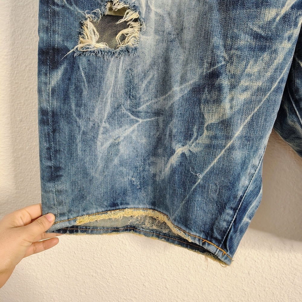 AKOO Empire Men’s Denim Shorts Size 44 – Distressed Acid Wash – Missing Button - Picture 6 of 16